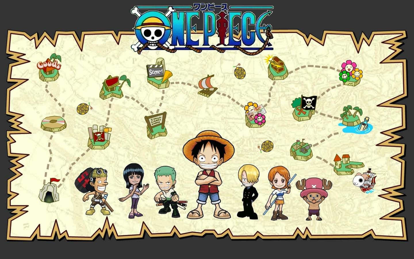 海賊王Q版草帽海賊團地圖海報 壁紙 — One Piece 船員站在一張點綴著島嶼、黃金和海盜符號的藏寶圖前。