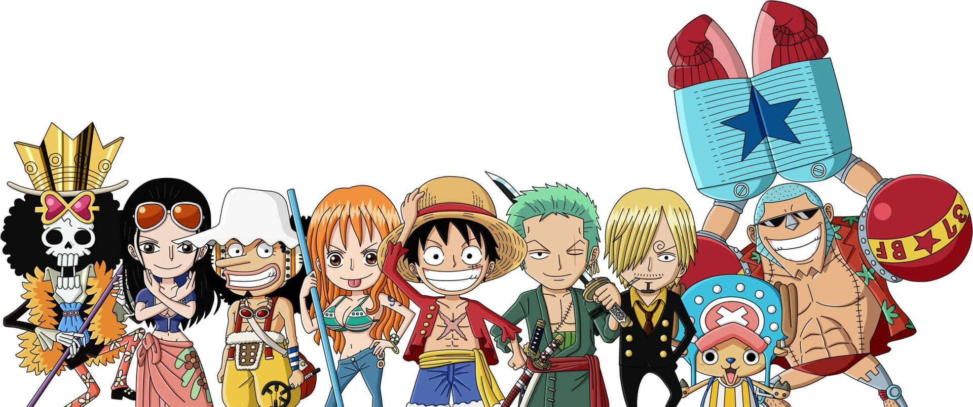 海賊王Q版草帽海賊團擺姿海報 壁紙 — 來自《One Piece》的Q版動畫角色在純白背景前並排站立的鮮明陣容。