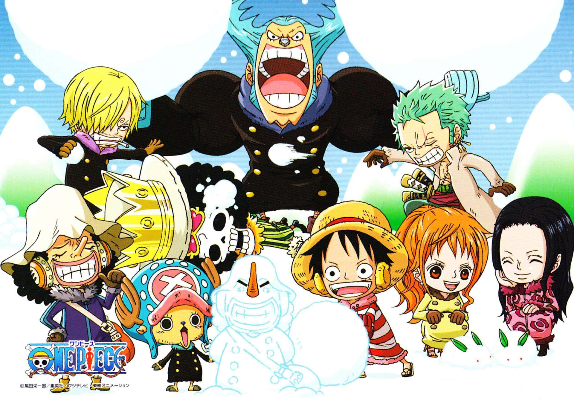 海賊王Q版雪球遊戲 壁紙 — One Piece 的 Q 版動畫團隊在雪景和明亮的藍天下，圍著雪人愉快地擺姿勢。