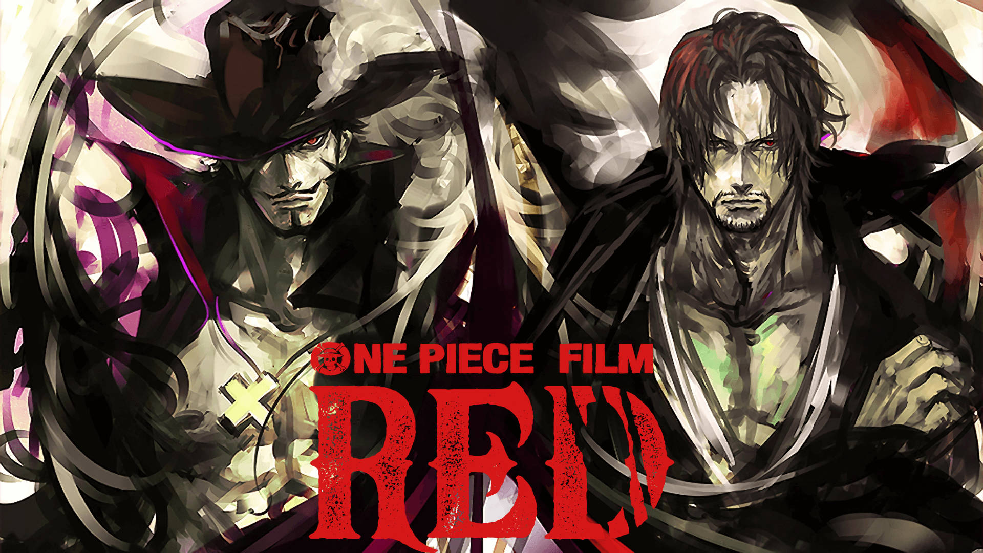 《海賊王劇場版：紅》香克斯與米霍克 壁紙 — 兩位激烈的動漫戰士在《海賊王：紅髮歌姬》的動態戰鬥場景中碰撞，帶有鮮明的紅色和紫色點綴。