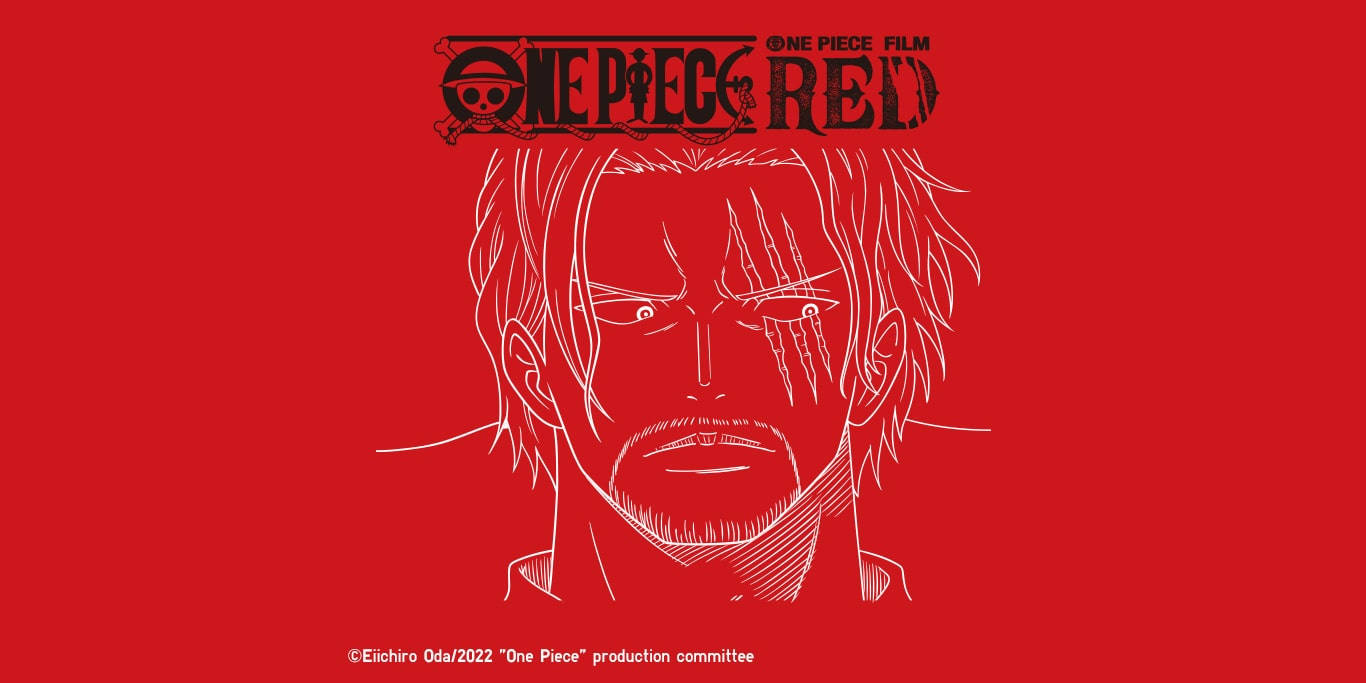 《海賊王劇場版：紅》香克斯藝術畫 壁紙 — 一個帶有疤痕的動漫角色的鮮明白色線條藝術肖像，背景為純紅色，上方有「ONE PIECE RED」標誌。