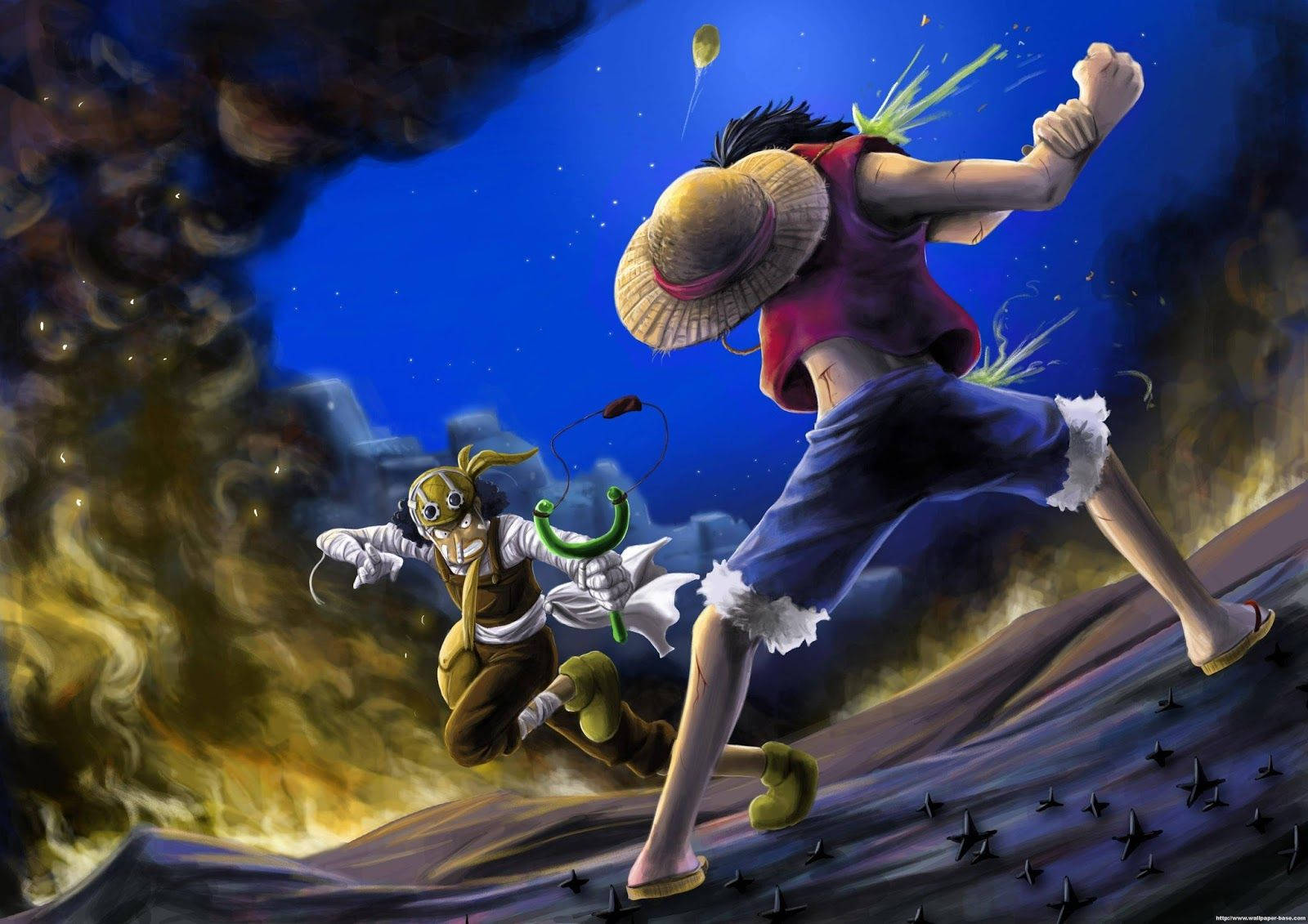 海賊王動態壁紙：路飛與烏索普對戰 壁紙 — 一個動態的動漫戰鬥場景，戴草帽的海盜在星空下跳躍向前，背景是火熱的。