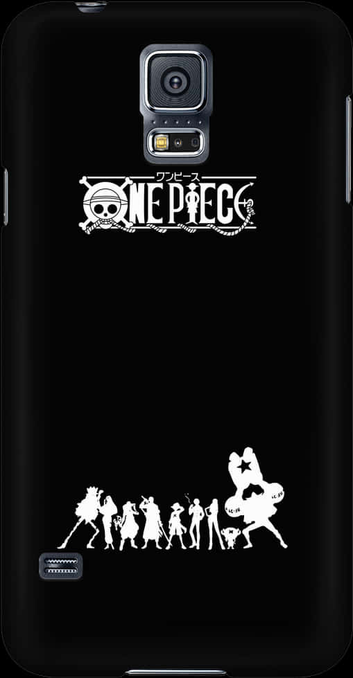 海賊王動漫手機殼 壁紙 — 黑色手機殼，帶有白色One Piece標誌和草帽海賊團的剪影，姿勢充滿動感。