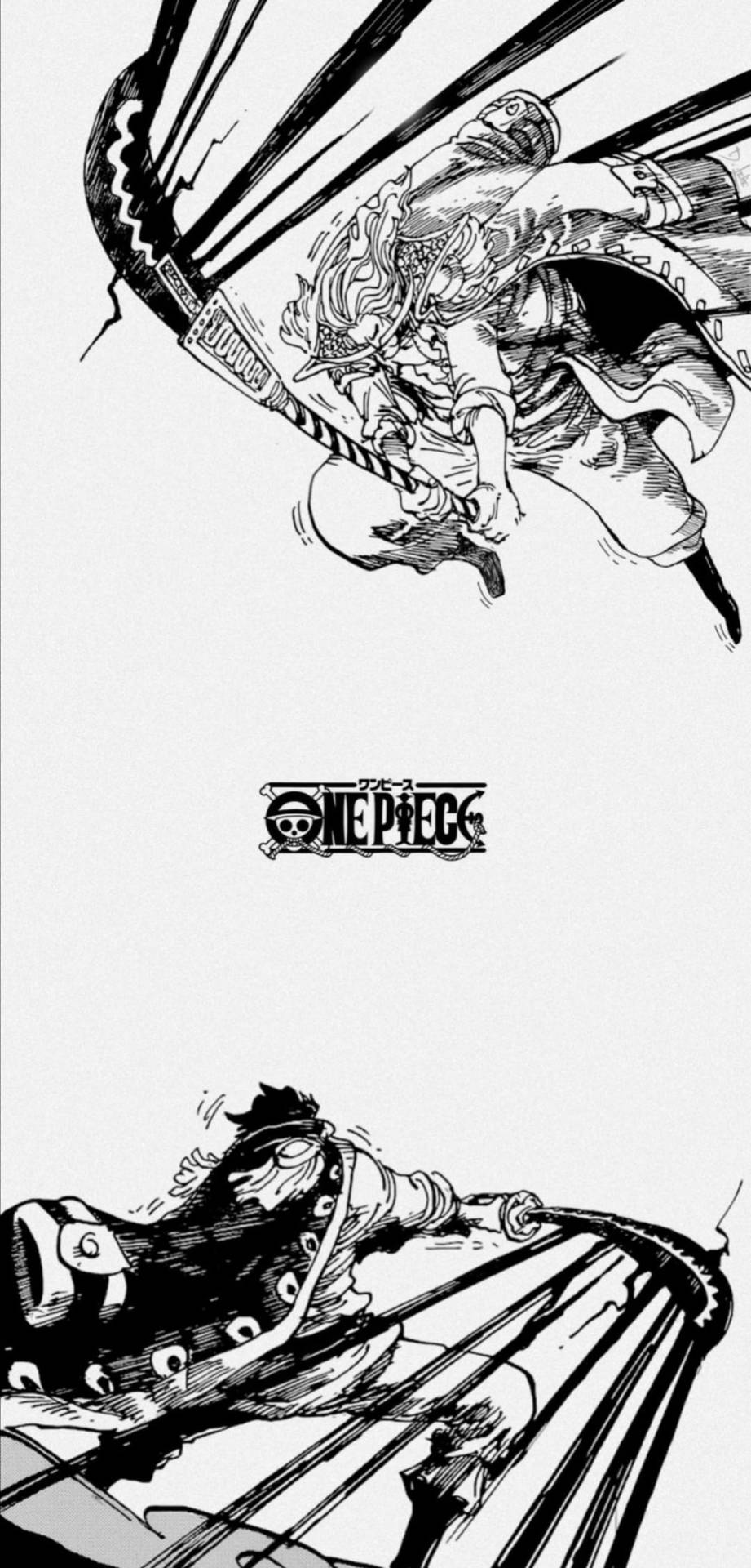 兩個動漫角色在One Piece漫畫面板中空中交劍。