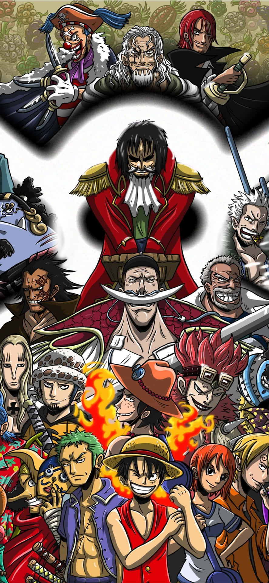 《One Piece》動漫角色以動感群像呈現，帶有火焰般的點綴。