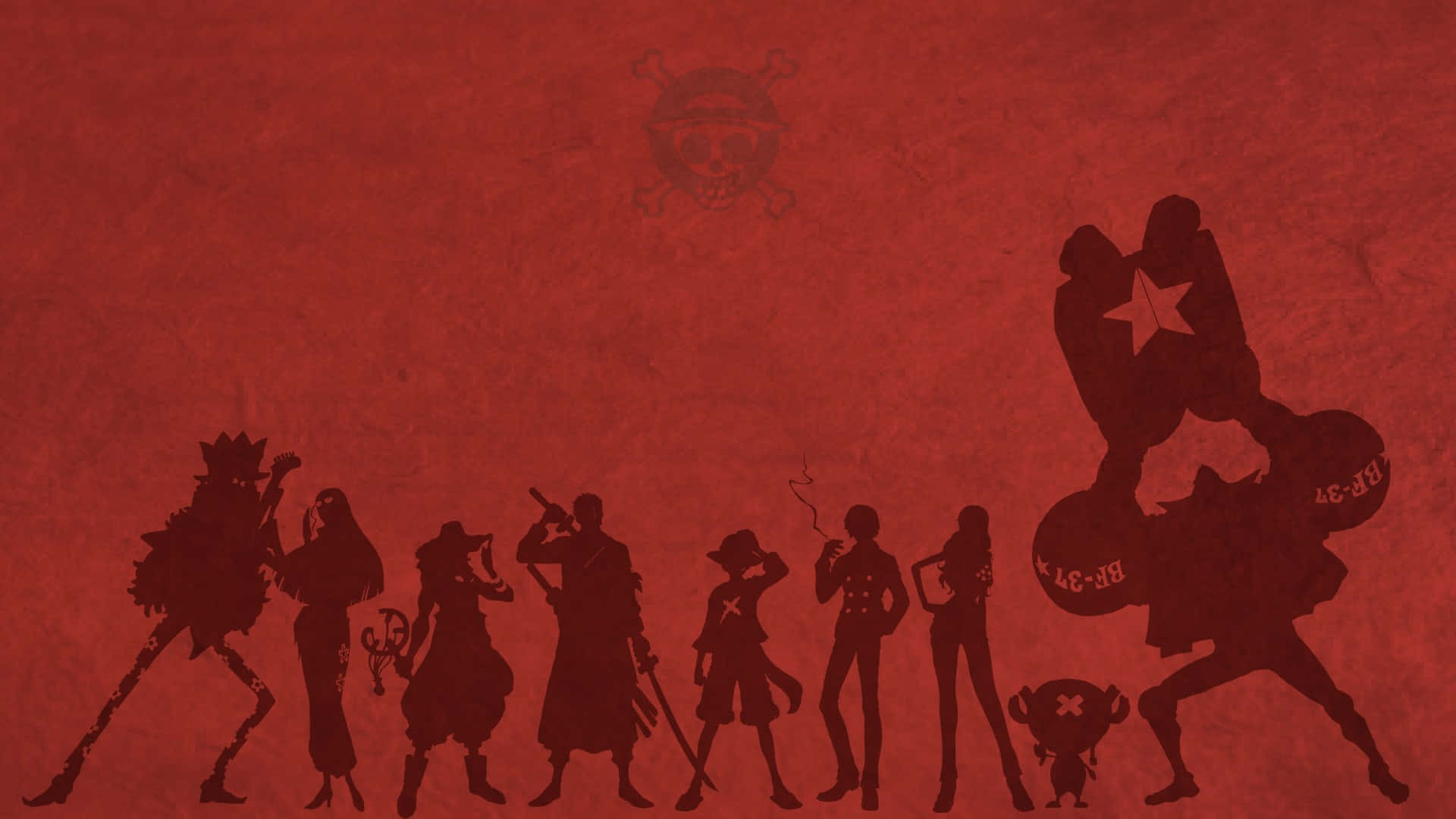 海賊王動畫 海賊剪影 壁紙 — One Piece 船員的剪影站在帶有骷髏標誌的紋理紅色背景前。