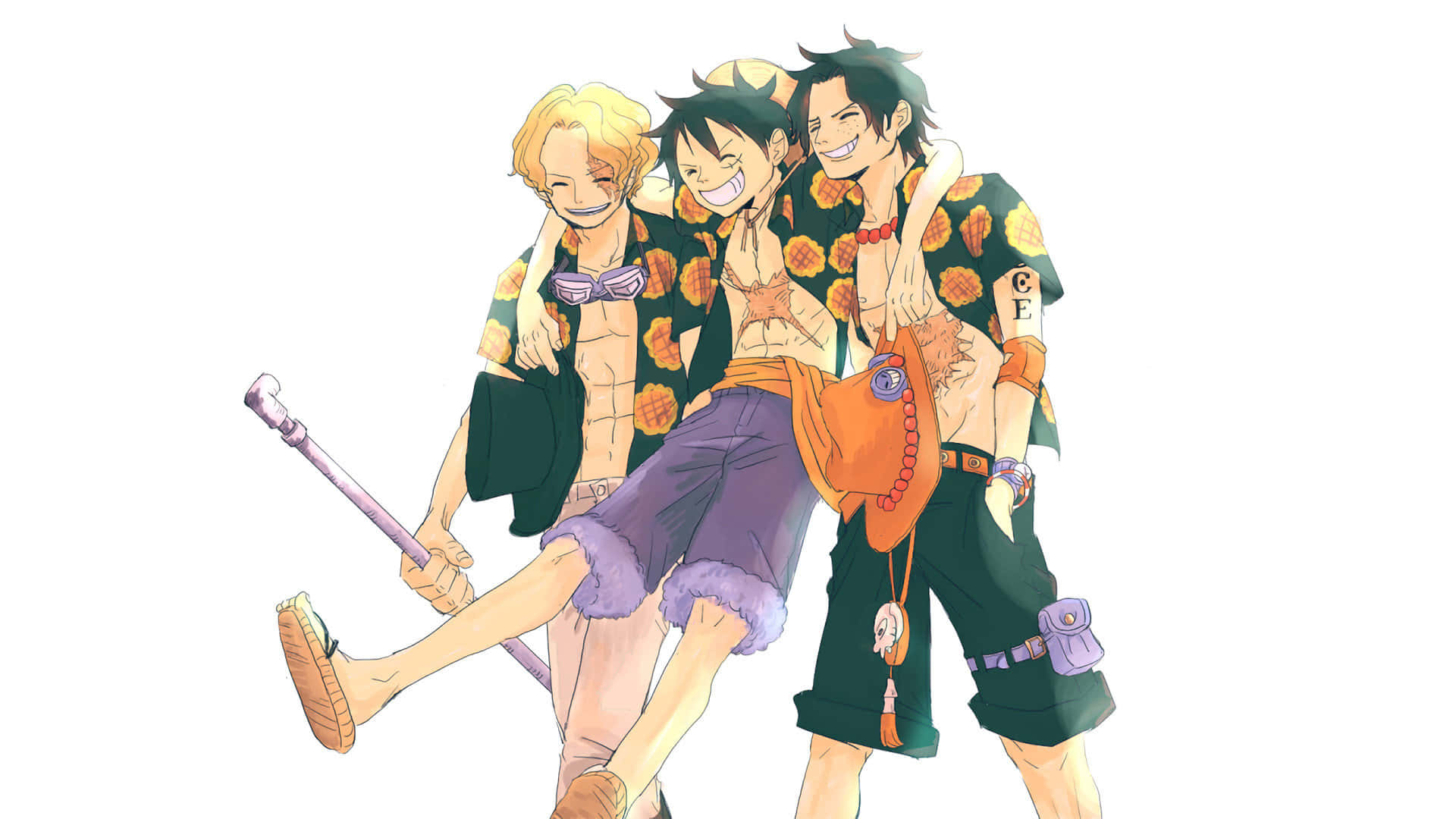 海賊王動畫 薩尼 阿奇 壁紙 — 三個穿著夏日服裝的開心動畫海盜在純白色背景前頑皮地擺姿勢。