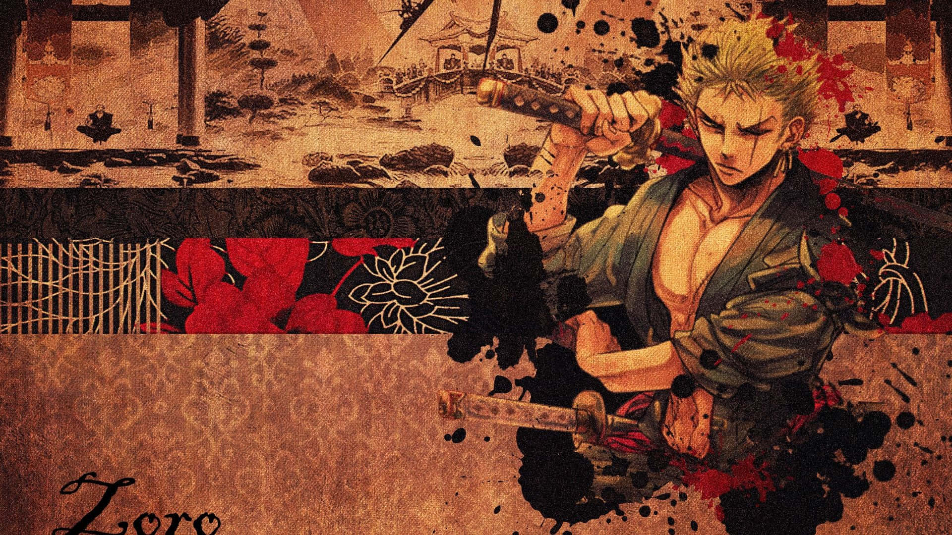 動漫武士戰士在傳統日本場景中手持帶有血跡的劍。