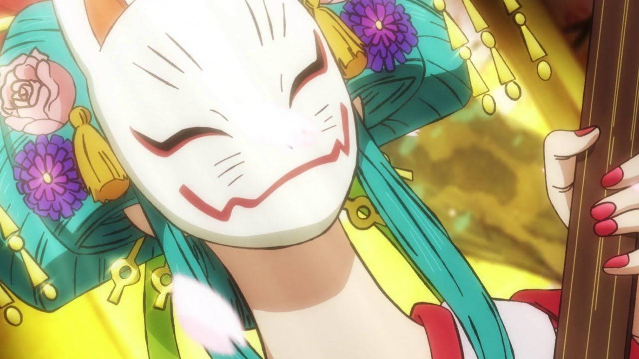 動畫狐狸精靈穿著彩色和服，帶著喜悅的表情演奏傳統樂器。