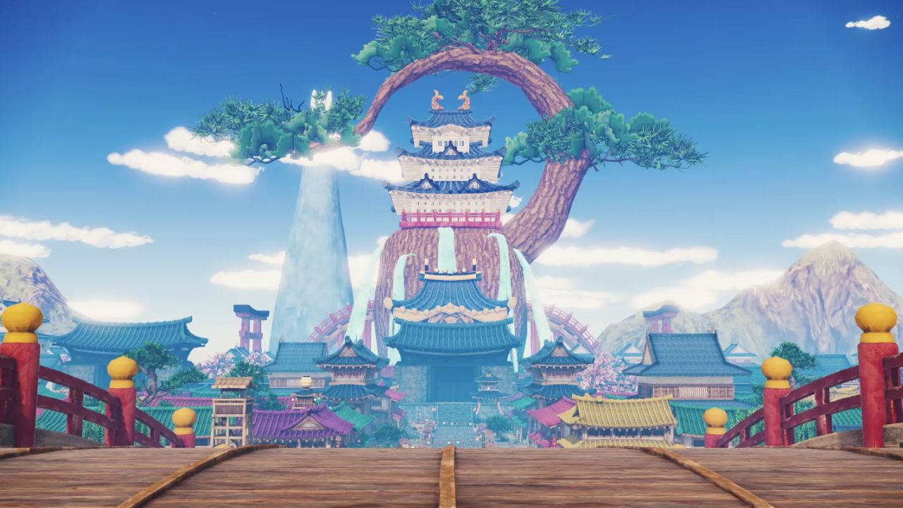 巨樹下的動漫村莊，樹枝上有寺廟。