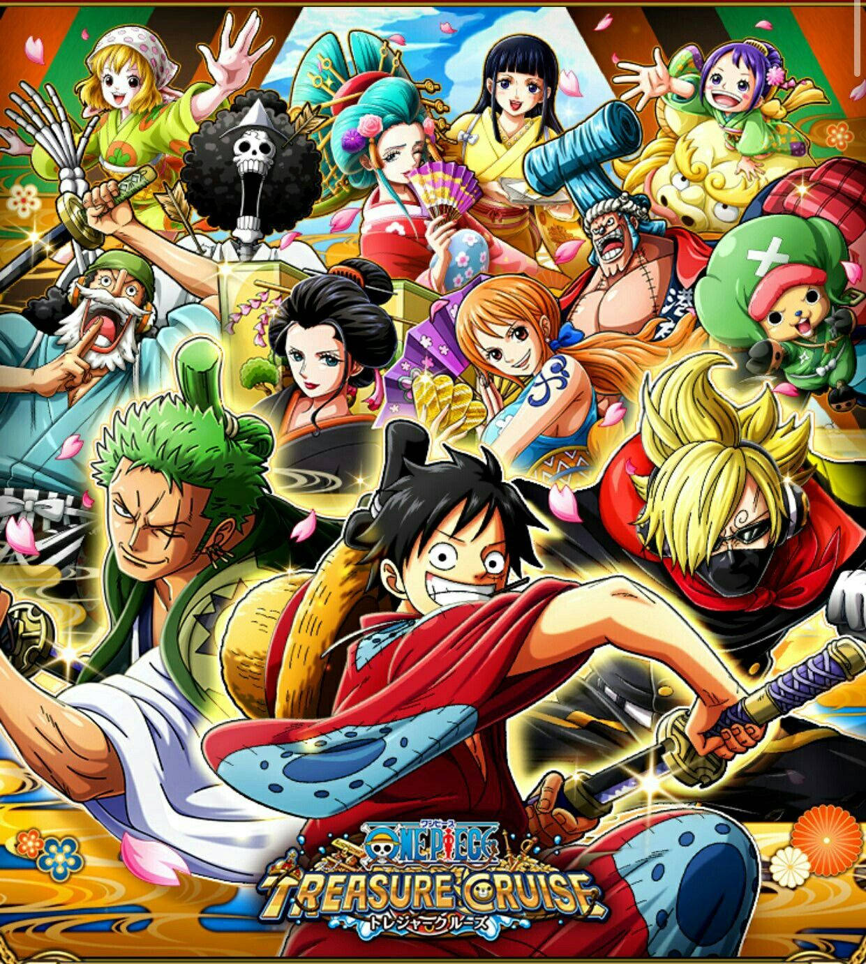 《One Piece Treasure Cruise》動漫角色以櫻花為背景擺出動感姿勢。