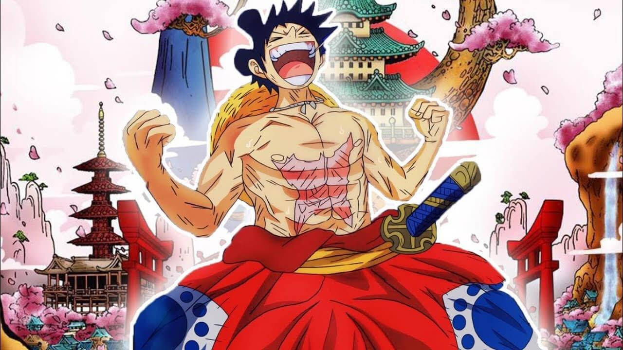 動漫戰士在櫻花園中與日本寺廟和鳥居一起大笑。
