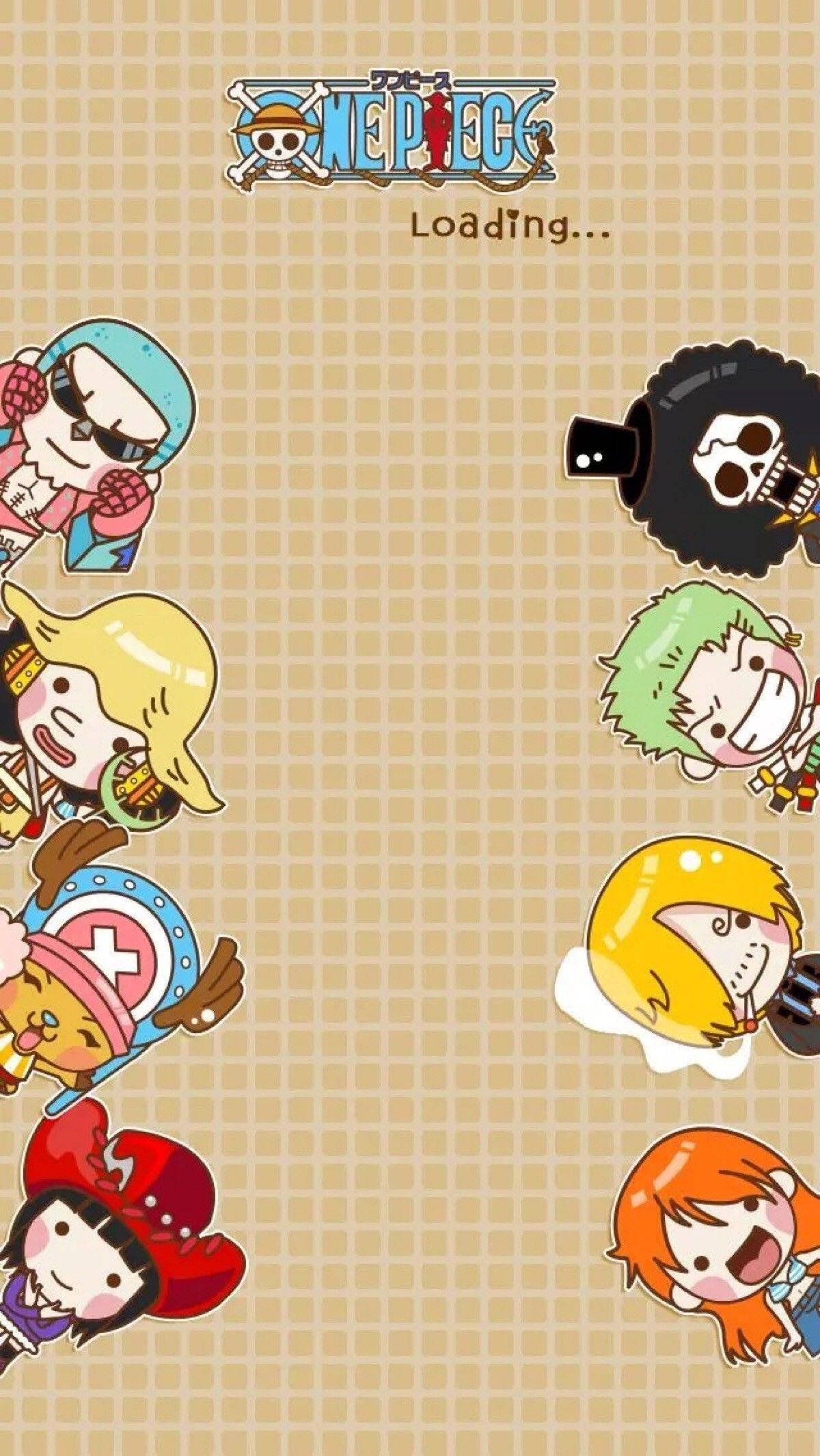海賊王手機壁紙：可愛草帽海賊團偷窺入畫 壁紙 — Chibi One Piece 船員在米色格仔背景上圍繞載入畫面愉快地微笑。