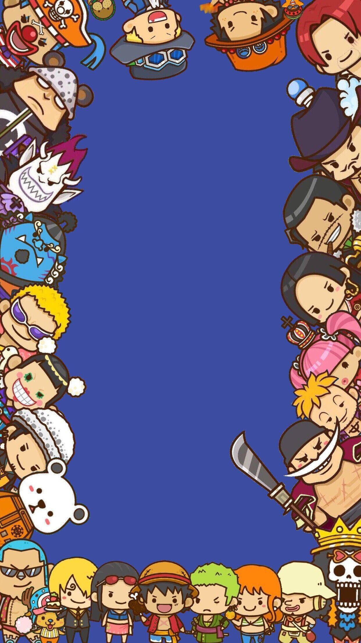 海賊王手機壁紙 - 可愛角色組成相框 壁紙 — 來自《One Piece》的Q版動畫角色以俏皮表情和海盜主題配件框住藍色背景。