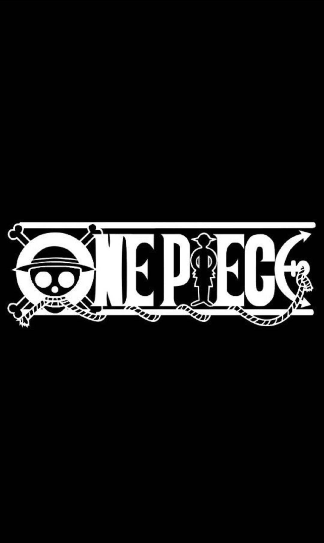 海賊王手機壁紙：標誌於黑色背景 壁紙 — 大膽的白色 One Piece 標誌，帶有骷髏錨和繩索細節，居中在純黑色背景上。