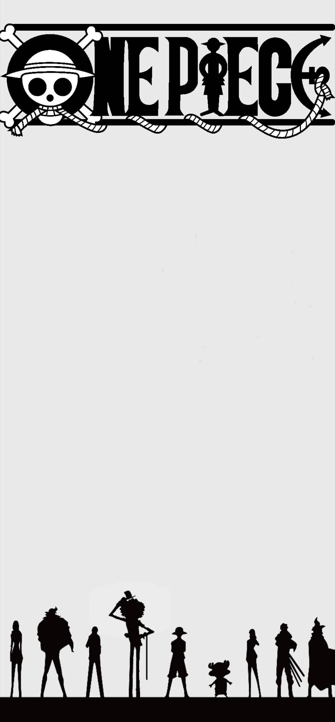 海賊王手機壁紙：草帽海賊團剪影排列於標誌下方 壁紙 — One Piece 船員在標誌性 Jolly Roger 標誌下一字排開的黑白剪影。