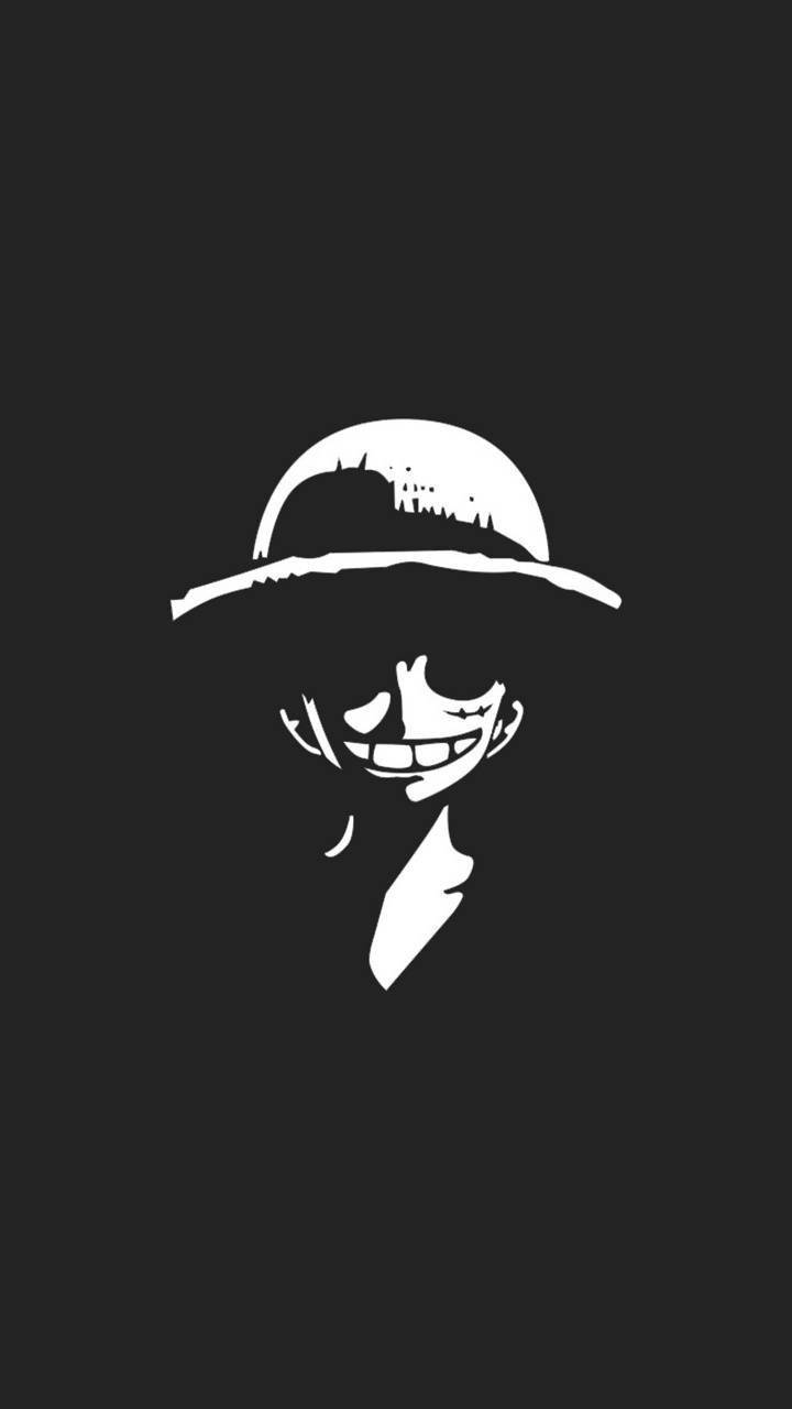 海賊王手機壁紙：路飛置身黑暗 壁紙 — 一個微笑的動漫角色戴著寬邊帽，在純黑色背景上的鮮明白色剪影。