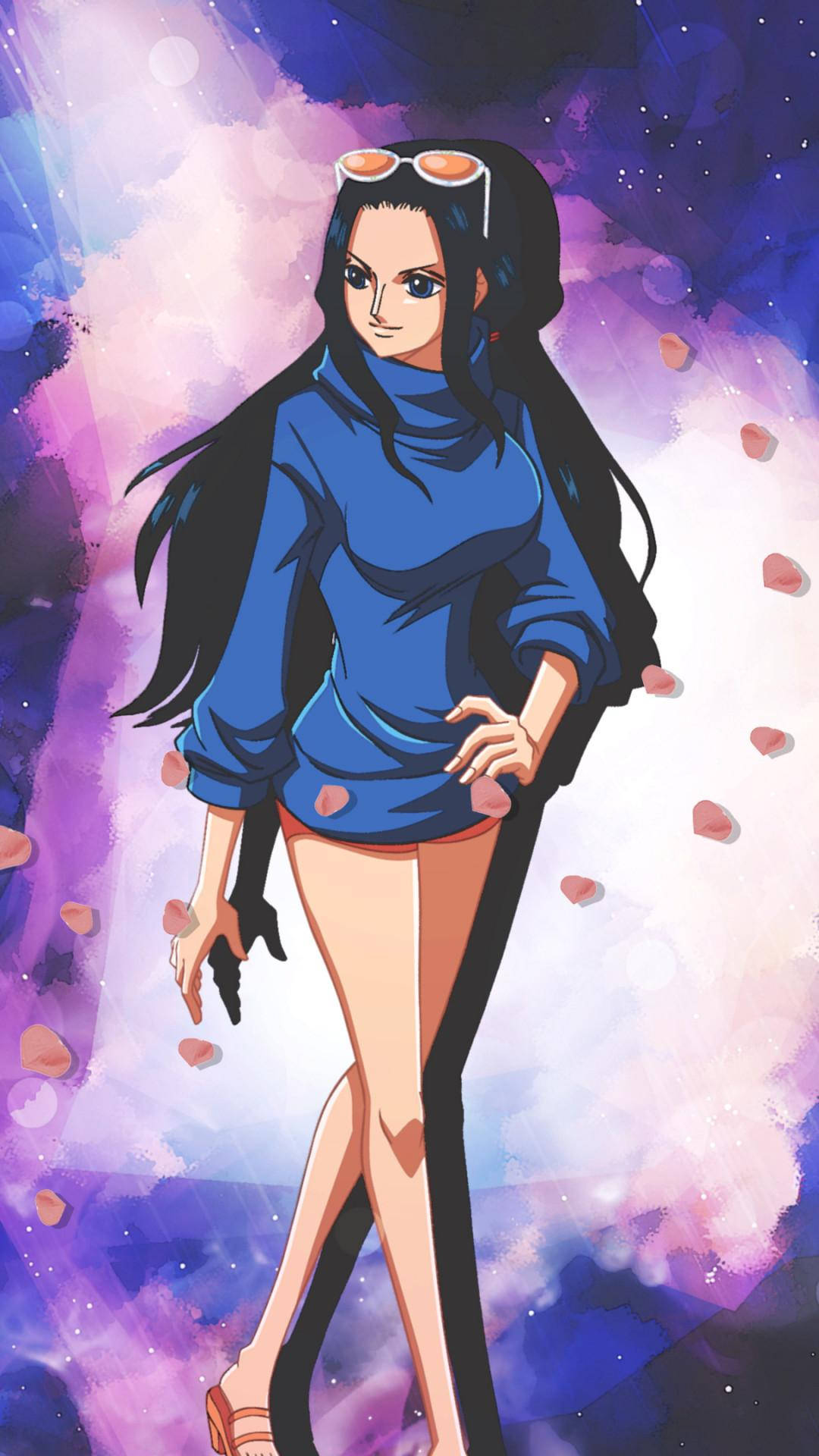 海賊王手機版波雅·漢庫克藍毛衣 壁紙 — 一個自信的動漫女孩，長長的黑髮，頭上戴著橙色太陽眼鏡，站在帶有漂浮心形的宇宙紫色和粉紅色背景前。