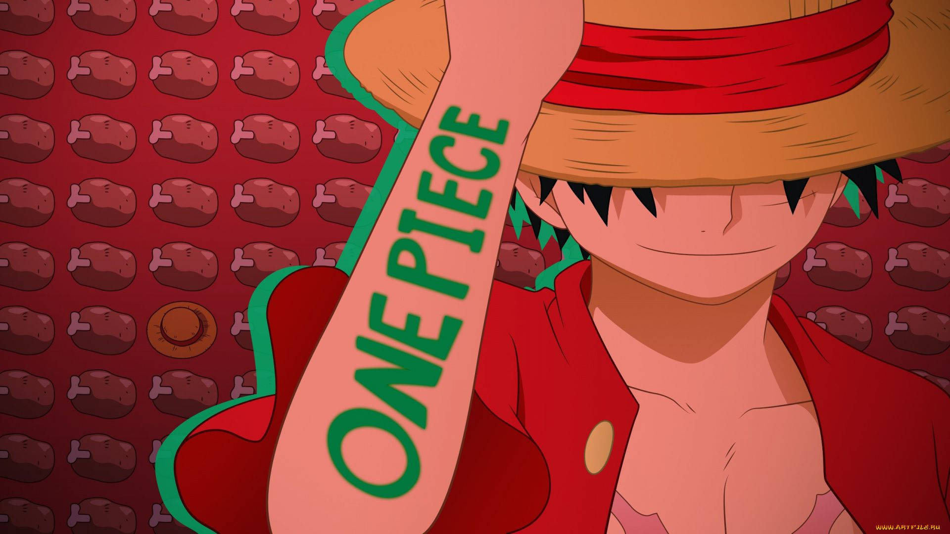 動畫海盜角色喺有圖案嘅紅色背景前舉起One Piece橫額。