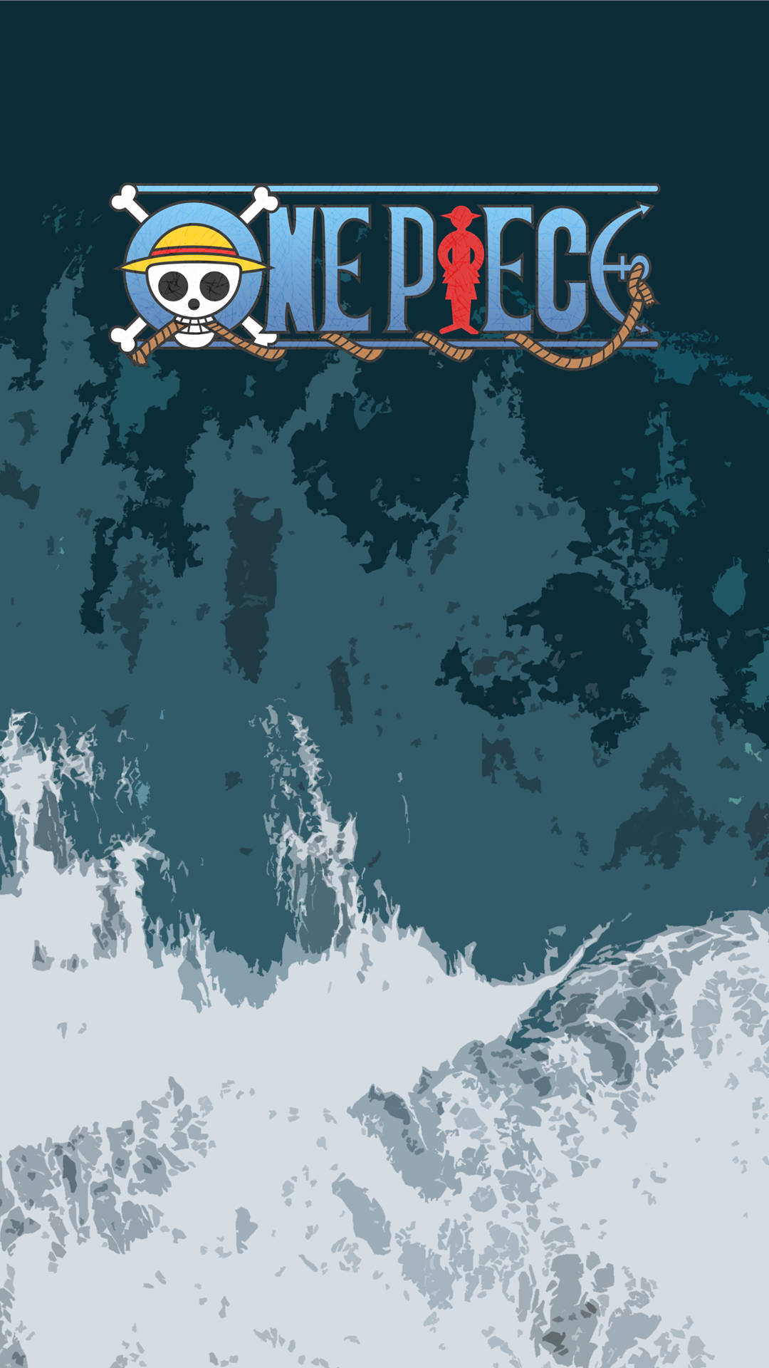 One Piece 動漫標誌在洶湧的海浪之上。