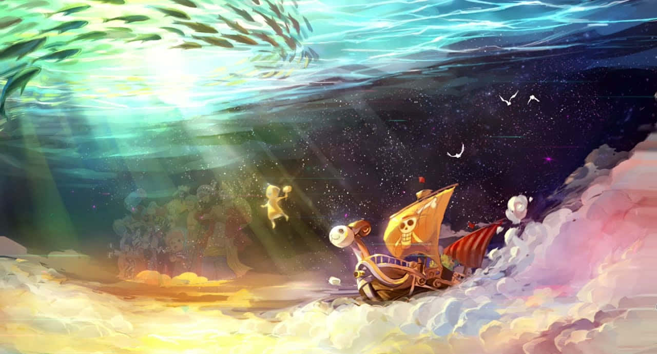 海賊王海下航行的海賊船圖 壁紙 — 一艘海盜船在超現實的水下天空中航行，周圍有魚群和星空雲。