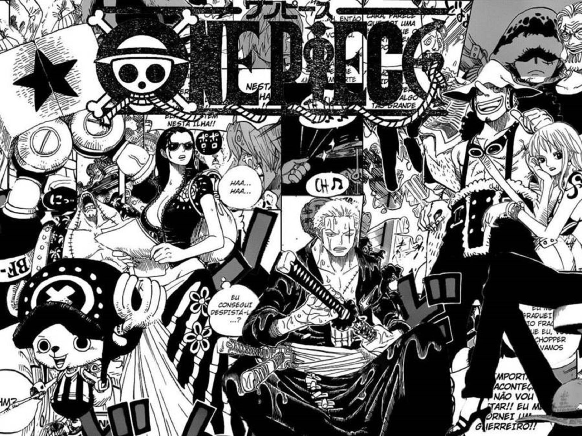 海賊王漫畫分鏡封面 壁紙 — 一幅動態黑白漫畫拼貼畫，描繪了《海賊王》角色在充滿動作的漫畫格中。