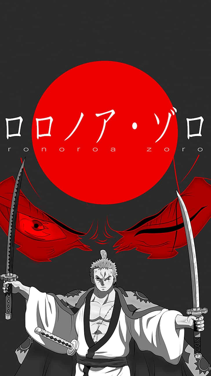 動漫劍士索隆在紅色太陽下手持三把劍，帶有紅色眼睛。 — 海賊王 iPhone 壁紙 壁紙