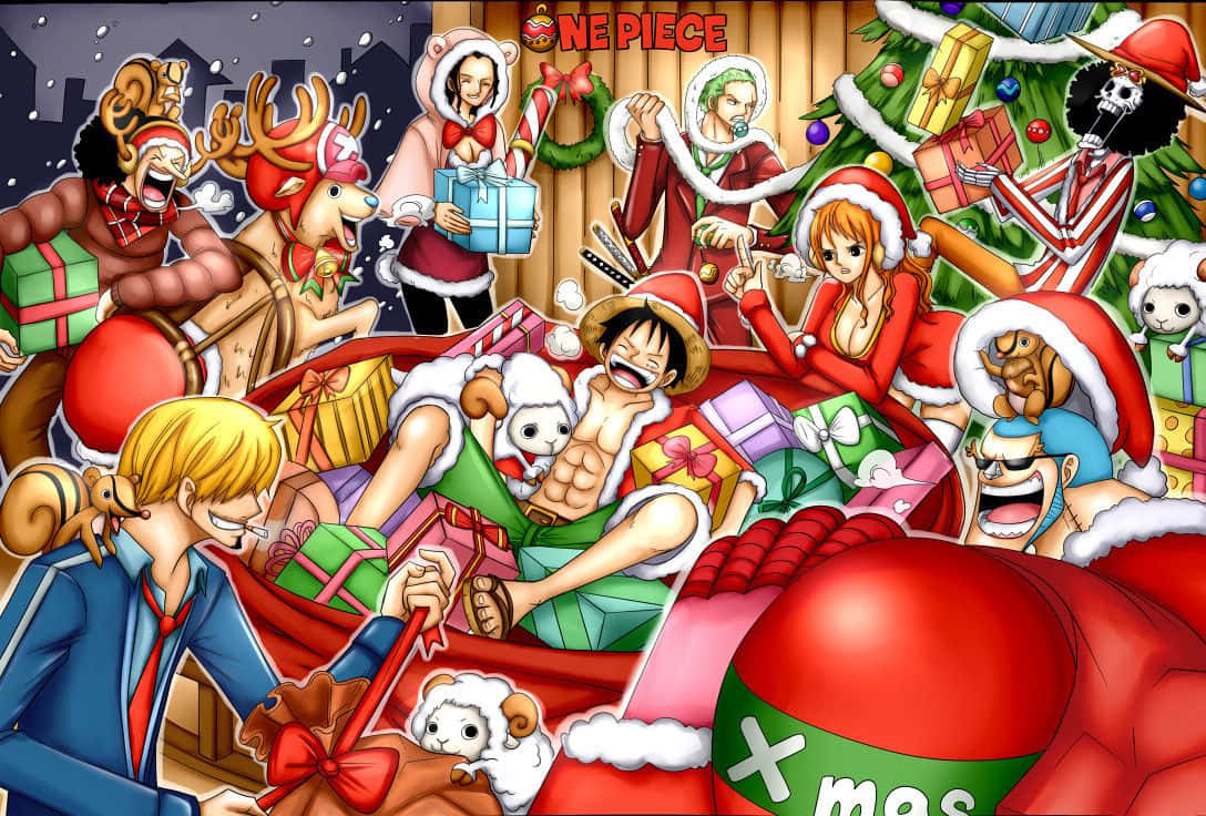 穿著聖誕老人服裝的 One Piece 船員，在禮物和雪地中慶祝聖誕節。
