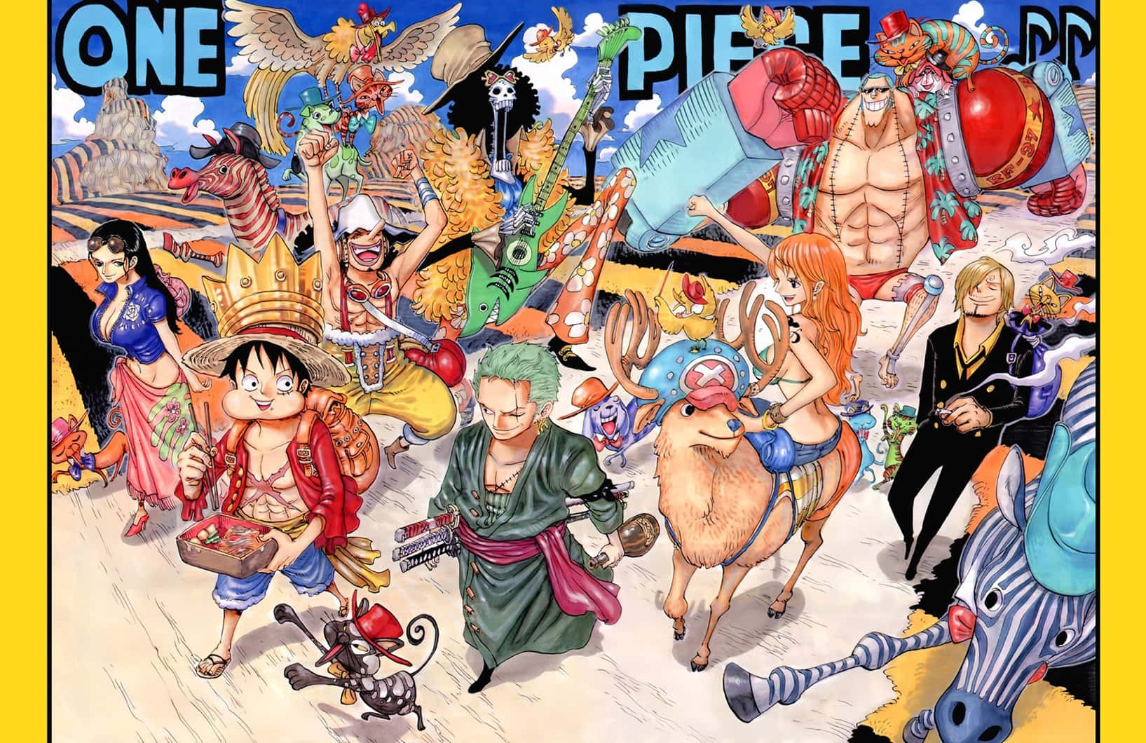海賊王草帽海賊團冒險 壁紙 — 一幅充滿活力的動漫插圖，描繪了《One Piece》船員在晴朗藍天下的沙漠景觀中一起慶祝。