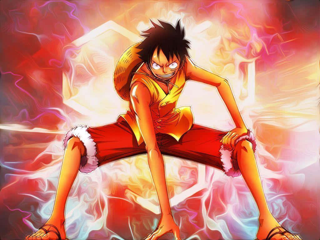 海賊王蒙奇·D·路飛地板重拳 壁紙 — 一個堅定的動漫男孩，穿著橙色背心和紅色短褲，在旋轉的火焰能量中蹲下，眼睛發光。