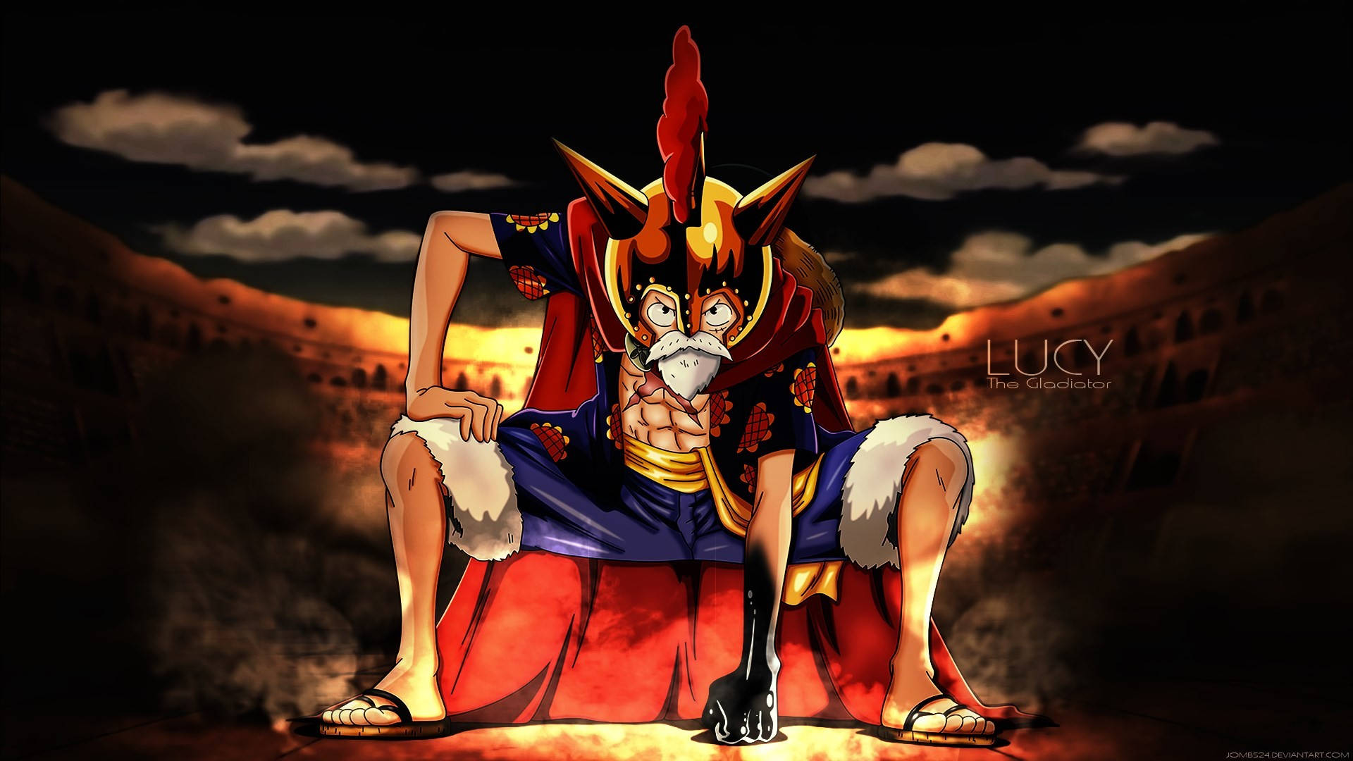 動漫戰士，紅色羽飾，白鬍鬚，夕陽下坐在王座上。
