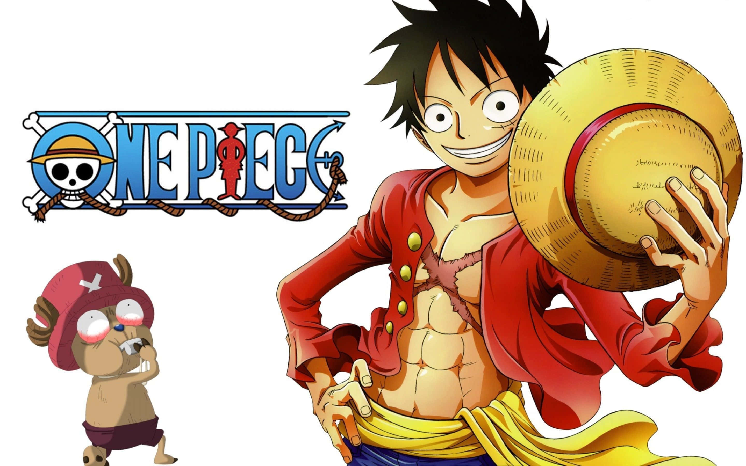 「海賊王路飛，展現他冷酷而兇猛的本色」 壁紙 — 《One Piece》中的路飛和索柏在白色背景上與節目標誌一起開心微笑。