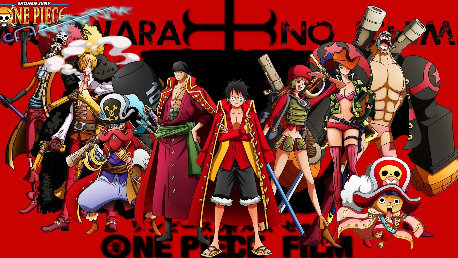 海賊王電影紅 動漫同人圖 壁紙 — 來自《One Piece》的鮮豔動漫角色，在粗體文字襯托下，英勇地站在大膽的紅色背景前。
