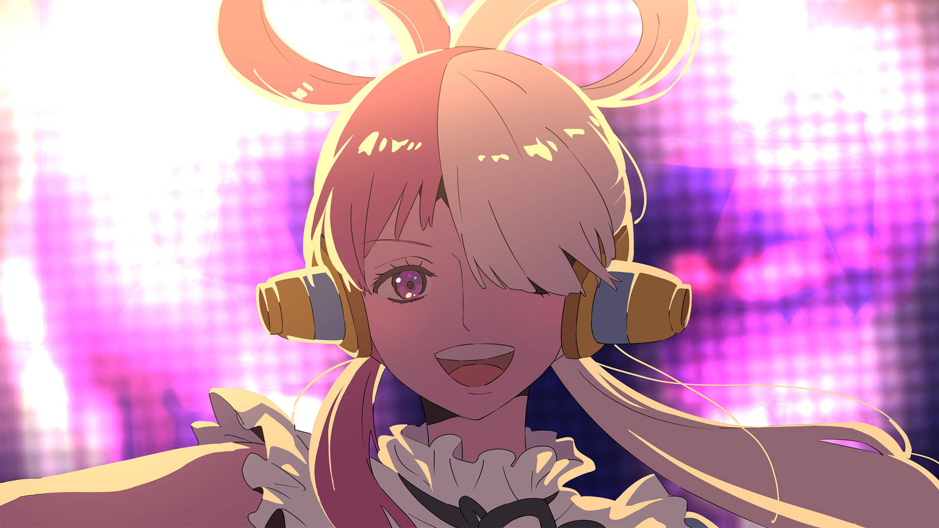 海賊王電影紅烏塔演唱 壁紙 — 一個開心的動漫女孩，戴著兔耳和耳機，在發光的紫色像素背景前燦爛微笑。