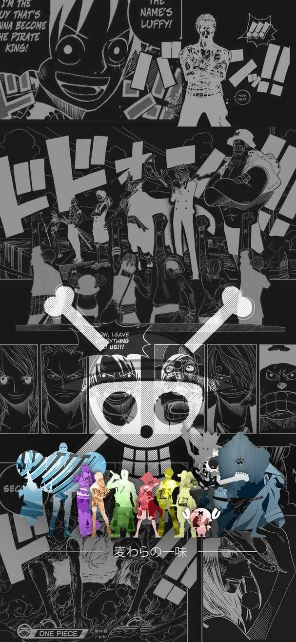 海賊王風格漫畫海賊團 壁紙 — 來自《One Piece》的動態黑白漫畫面板，描繪路飛和船員，帶有粗線條和對話氣泡。