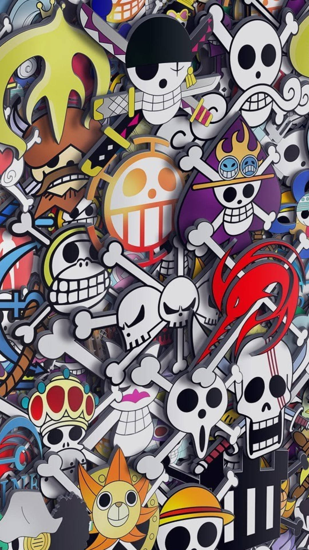 以鮮豔色彩呈現的《One Piece》動畫骷髏頭和交叉骨符號的牆紙拼貼畫。