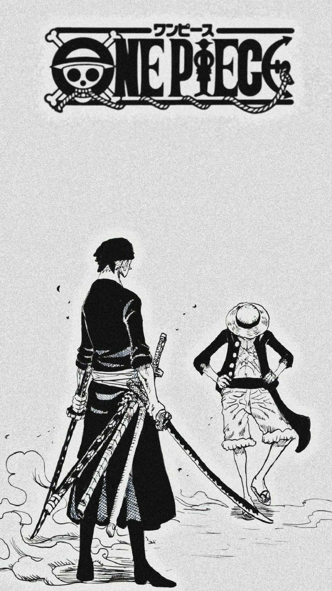 兩個One Piece角色以黑白漫畫風格手持劍。