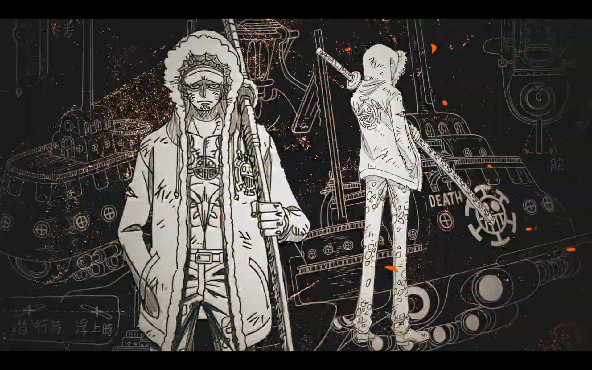 兩個穿著白色外套的動漫人物站在一艘帶有發光火花的黑暗戰艦前。