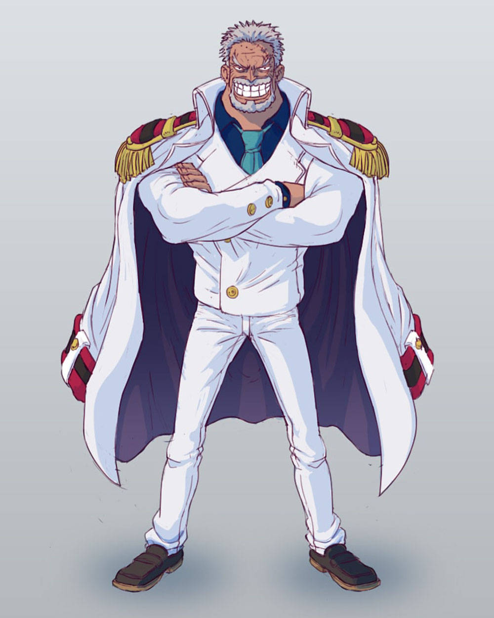 海軍偉大英雄 - 蒙奇·D·格爾克行 壁紙 — 一位白髮白鬚的滄桑動畫船長，身穿白色海軍外套，雙臂交叉，自信地站在純灰色背景前。