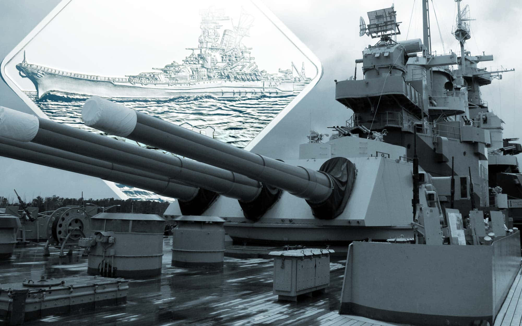 海軍戰艦編隊騰空而起 壁紙 — 戰艦巨大炮塔的單色特寫，背景有另一艘軍艦的風格化線條藝術描繪。