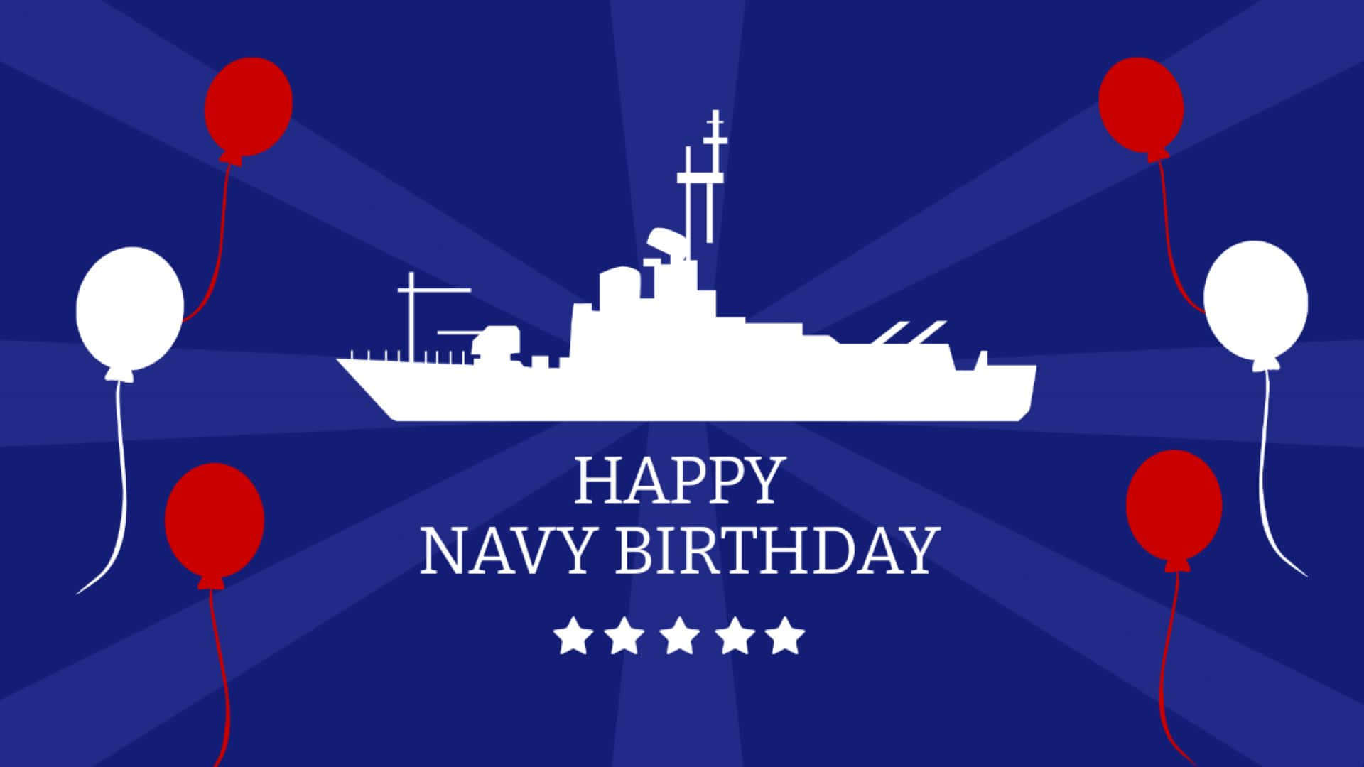 海軍生日慶祝圖案 壁紙 — 白色海軍艦艇剪影，背景為深藍色放射狀，配有紅色和白色氣球及慶祝文字。