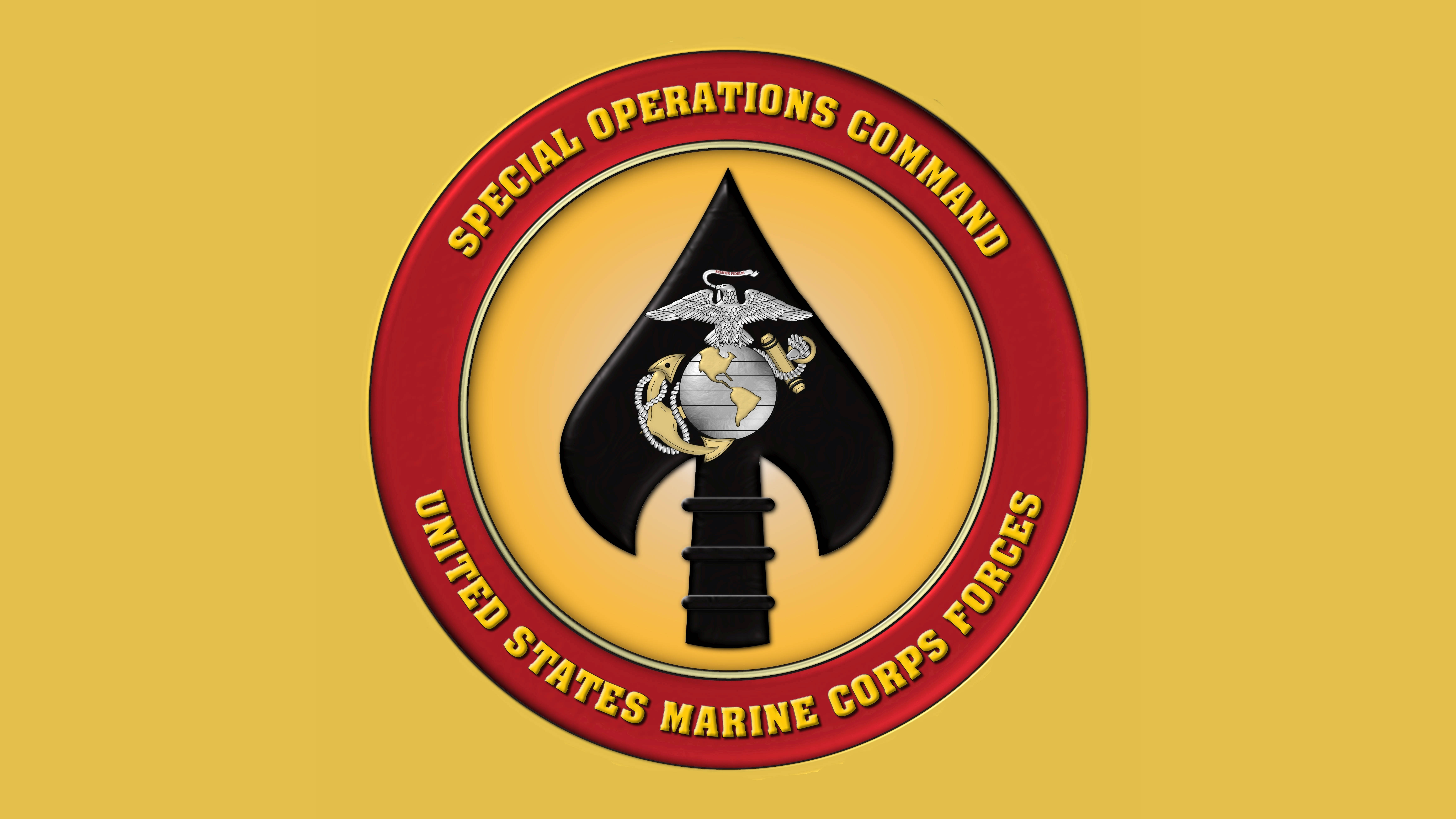 海軍陸戰隊 SOCOM 標誌 壁紙 — 美國海軍陸戰隊特種作戰司令部的一個大膽標誌，以黑色矛頭、地球和鷹為特色，背景為黃色。