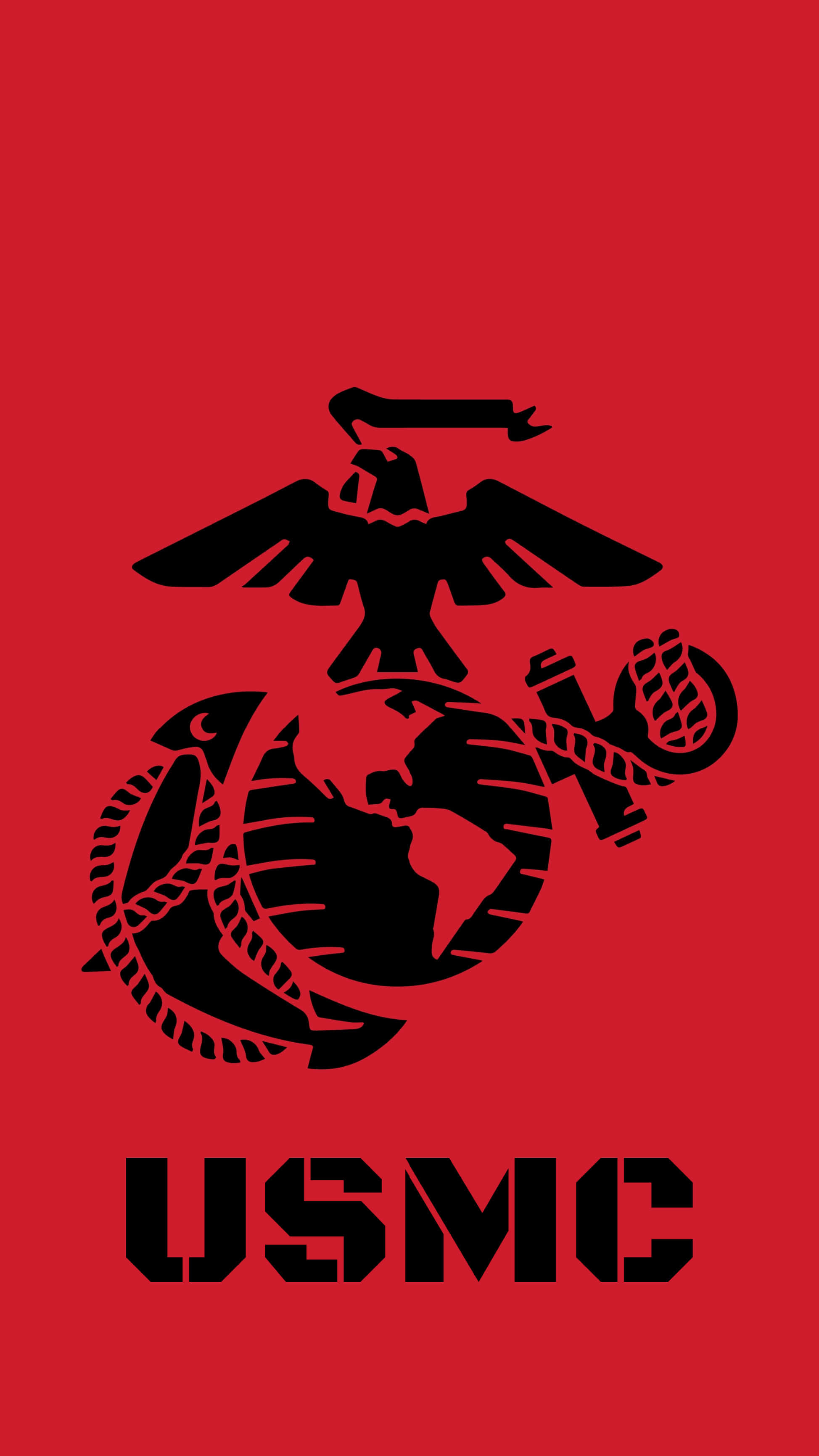 海軍陸戰隊在退伍軍人節典禮中受頒榮譽 壁紙 — 鮮紅色背景上置中嘅大膽黑色USMC標誌，有鷹、地球同錨。