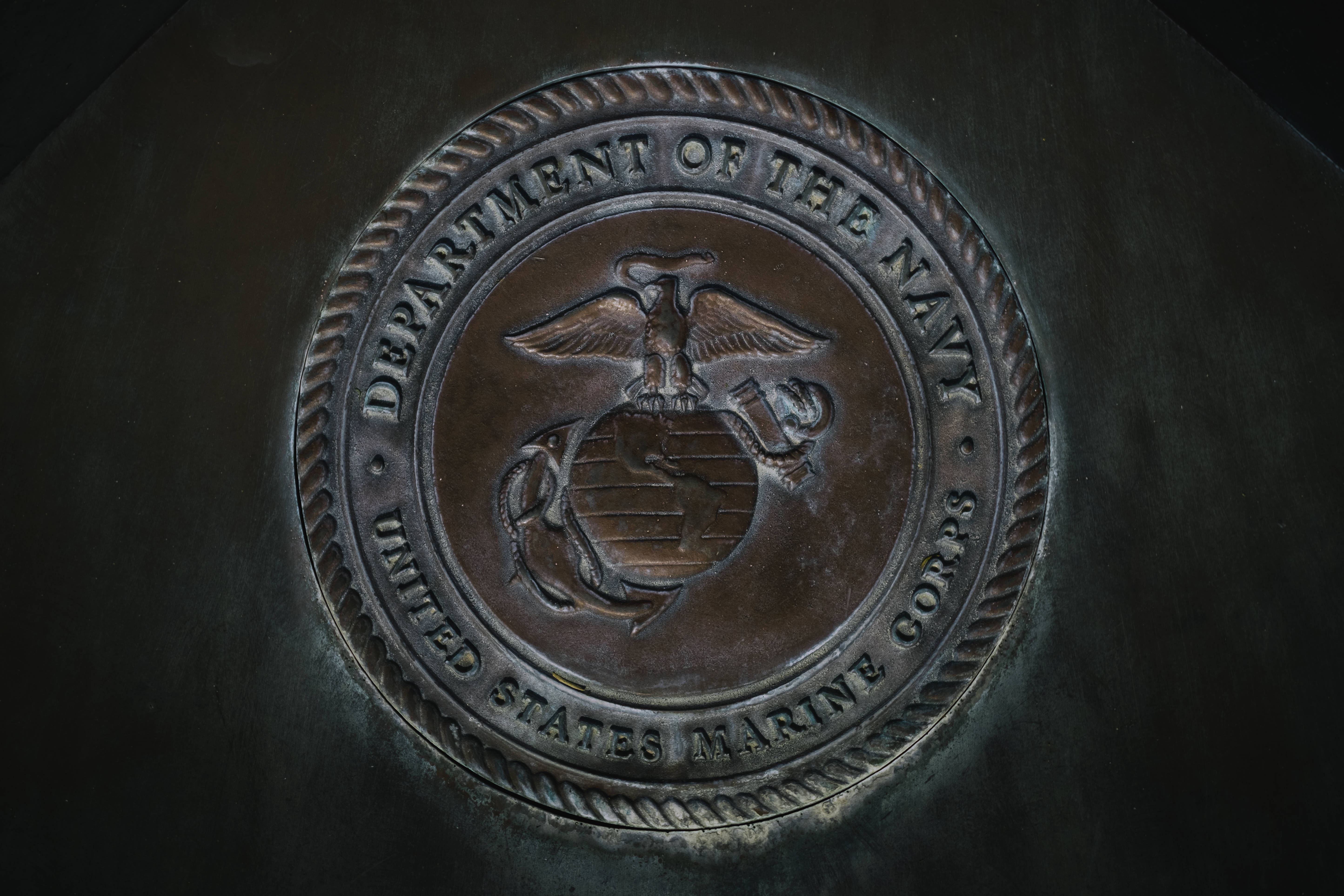 海軍陸戰隊海軍徽章 壁紙 — 美國海軍陸戰隊青銅徽章特寫，上有鷹、地球和錨，壓印在深色金屬表面。