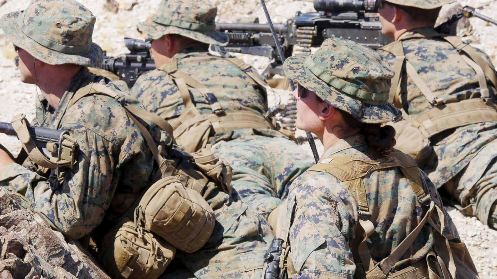 身穿沙漠迷彩裝備的海軍陸戰隊員在訓練中蹲下，手持步槍。