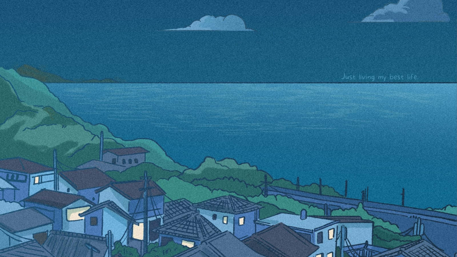 夜晚舒適的海岸村莊，發光的窗戶俯瞰著黑暗天空下平靜的藍色海洋。