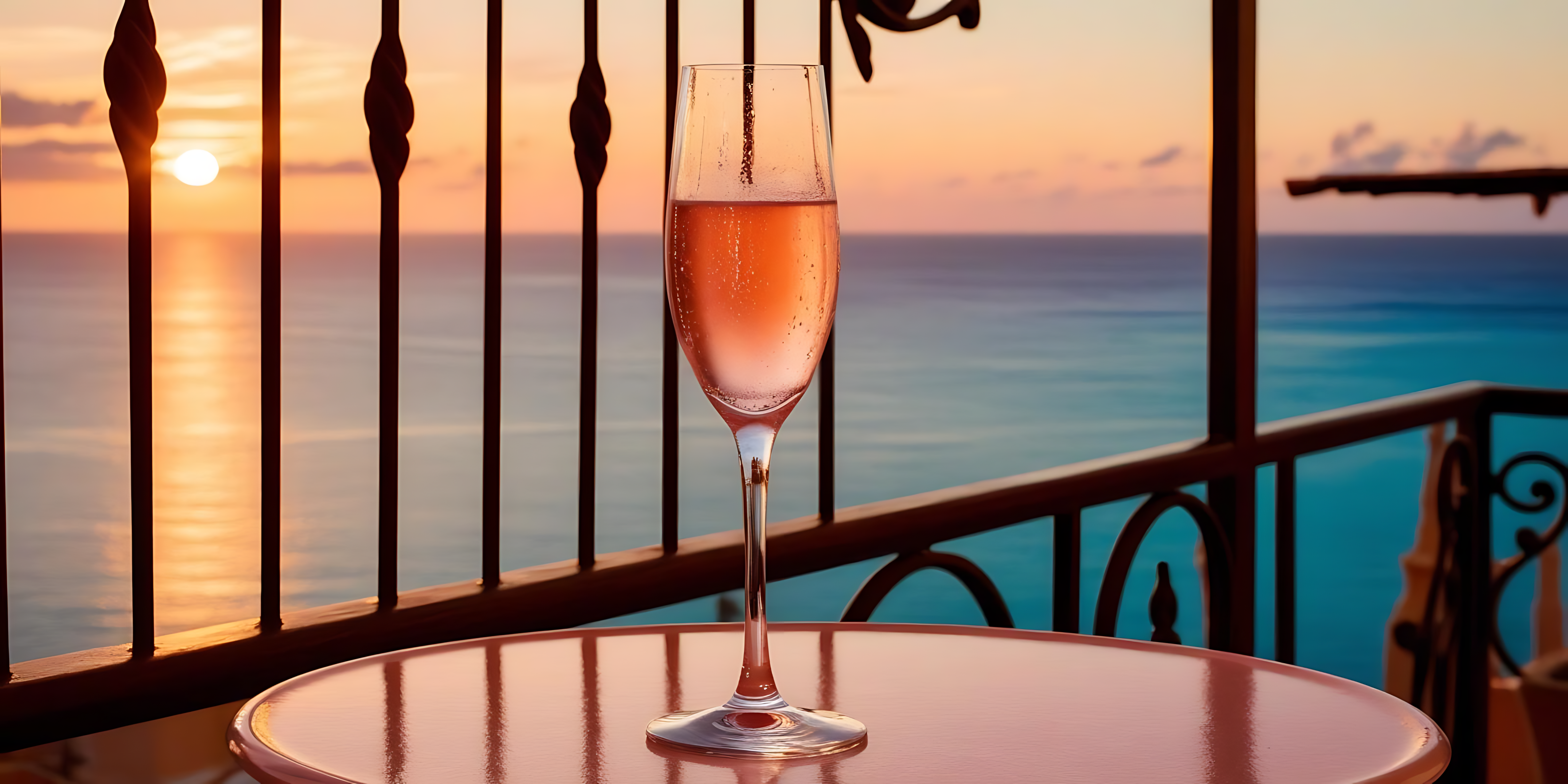 海邊日落酒杯剪影 壁紙 — 一杯氣泡玫瑰香檳放在陽台桌上，夕陽在華麗的鐵欄杆後方沉入海洋。