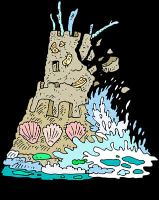 海邊沙堡插畫 壁紙 — 一個由沙製成的卡通城堡，底部有貝殼和衝擊的海浪。