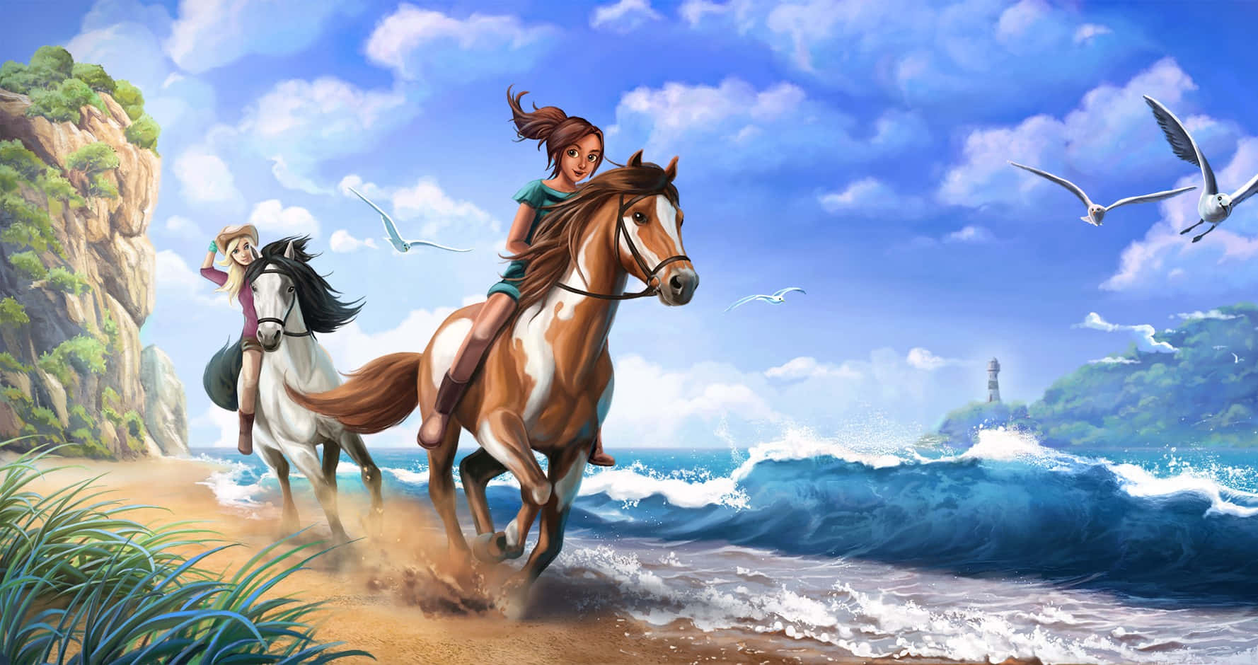 兩個女孩在陽光明媚的海灘上騎馬，伴隨著海浪和海鷗飛翔。