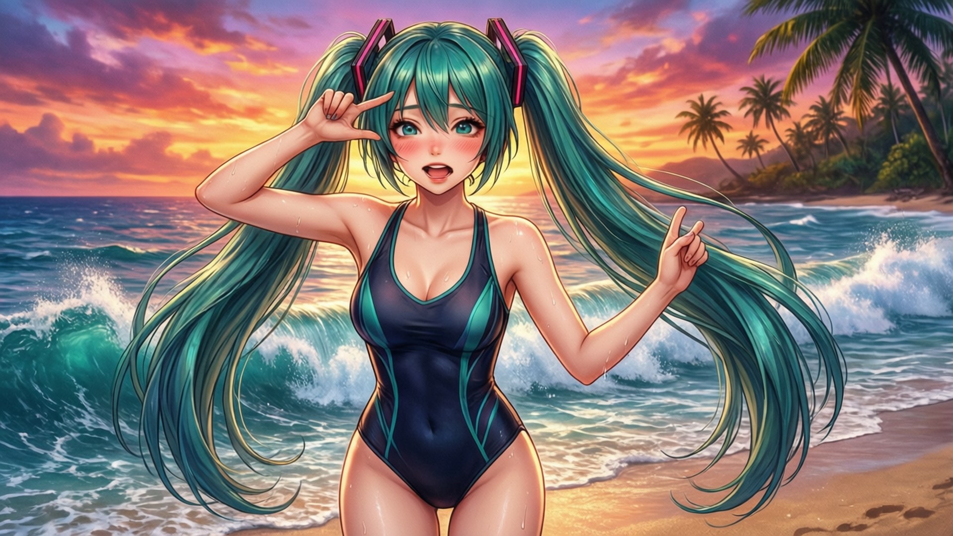 海邊的Miku 壁紙 — 動漫女孩紮著青綠色雙馬尾，身穿泳衣，在熱帶沙灘上日落時分，伴隨著拍岸的浪花和棕櫚樹，開心地擺姿勢。